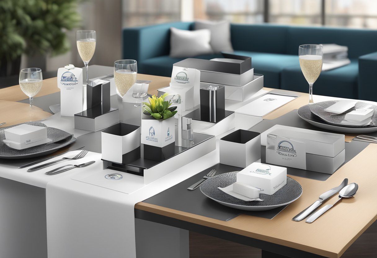 A table adorned with elegant corporate gifts, branded with company logos, displayed in a sleek and professional setting