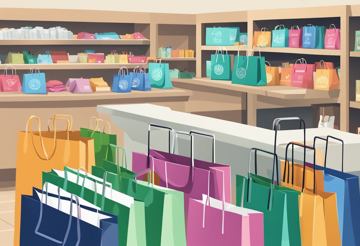 A stack of custom shopping bags with "Frequently Asked Questions" printed on them, surrounded by various retail items and a busy checkout counter