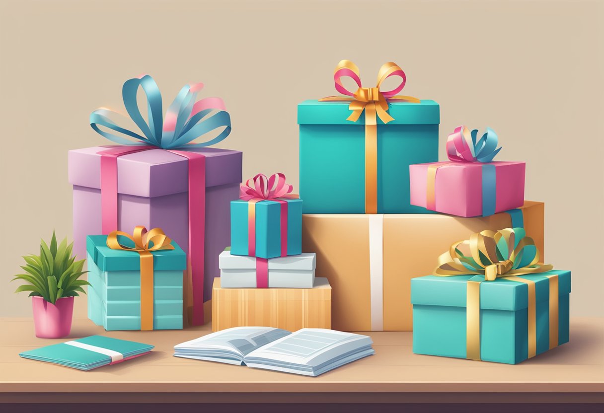 A table adorned with beautifully wrapped corporate gifts, with a sign reading "Frequently Asked Questions" next to them