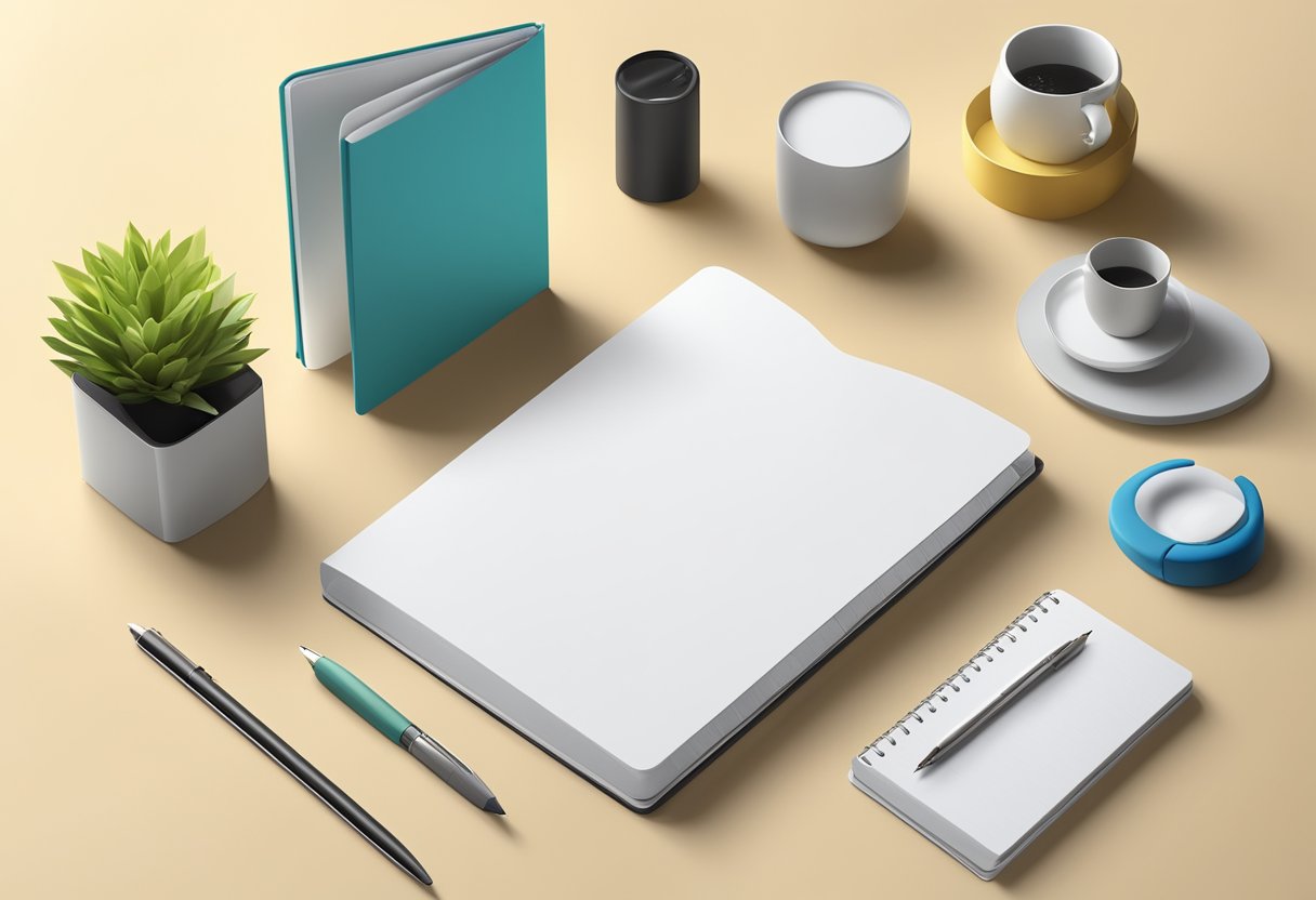 A blank notebook with interchangeable covers and accessories displayed on a clean, modern desk with natural lighting