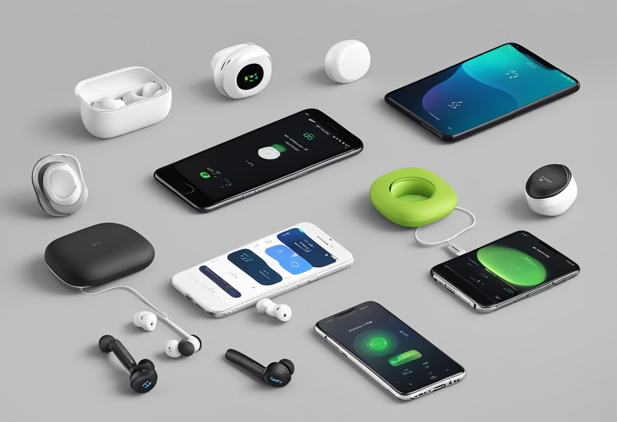 A table with various wireless earphones, each displaying different customisation and branding options for corporate gifts