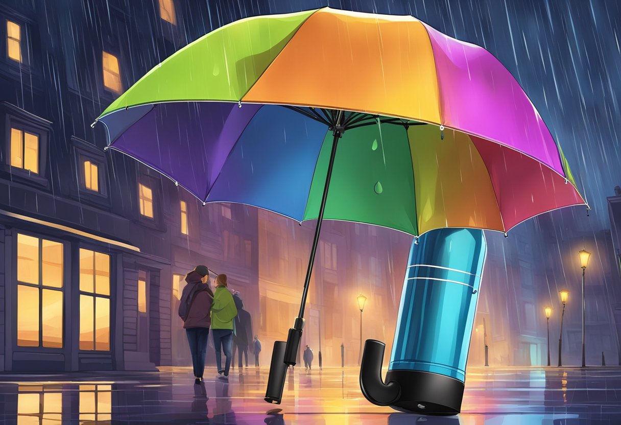 A colorful umbrella with personalized design and added features, such as a built-in flashlight and a cup holder, stands open in the rain
