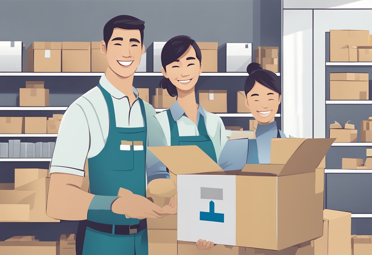 A smiling customer receives a package from a helpful employee at Simply Hamper Pte Ltd
