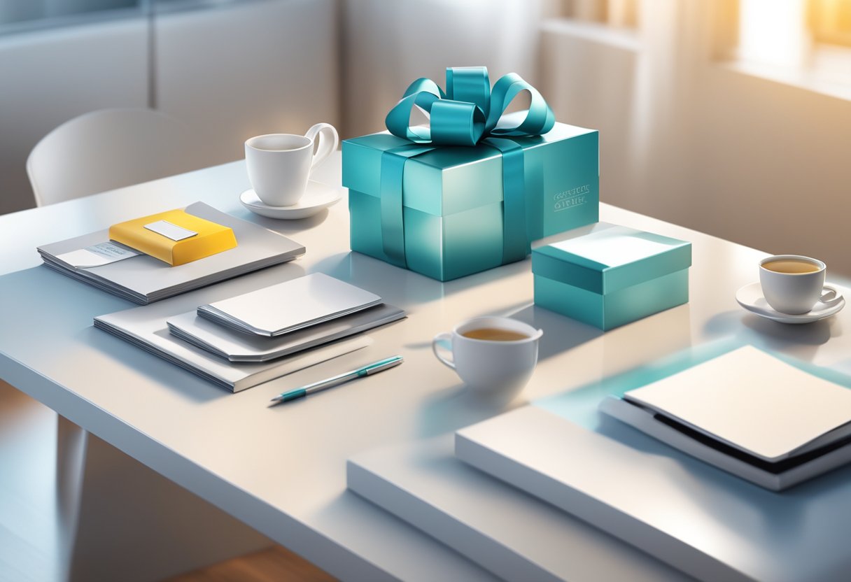 A table displaying various high-quality corporate gifts with branding options. Brightly lit room with modern decor and professional ambiance