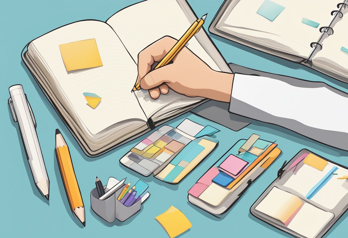 A hand opens a customisable notebook, writing and drawing inside. Tabs and stickers are used to organize and personalize the pages