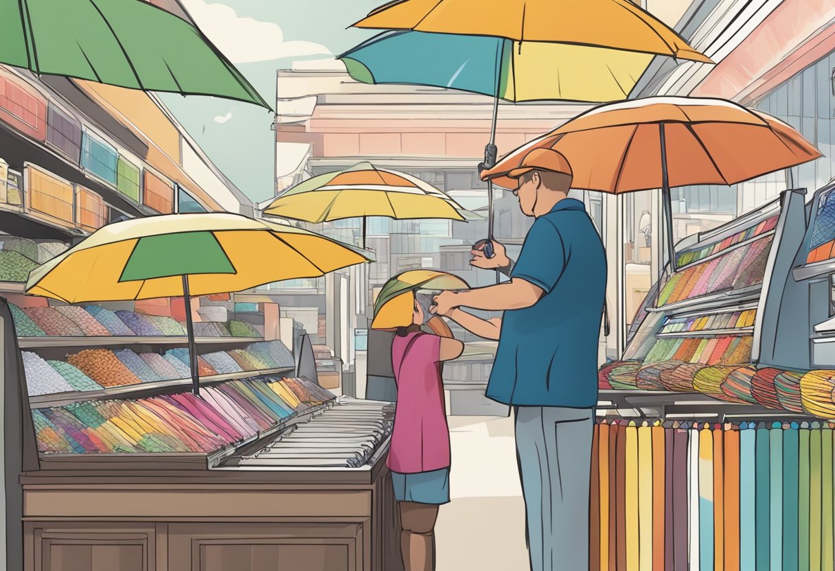 A customer selects colors and patterns for a custom umbrella at a kiosk. An employee assists with the order and finalizes the purchase