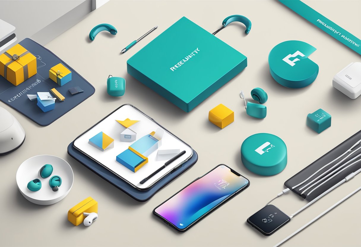 A table with neatly arranged corporate gifts, including branded wireless earphones, with a sign reading "Frequently Asked Questions" displayed prominently
