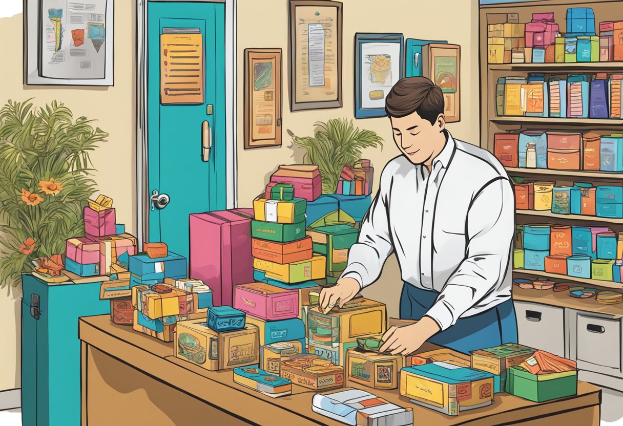 A table filled with various door gifts, a banner with "Frequently Asked Questions" displayed, and a supplier assisting a customer