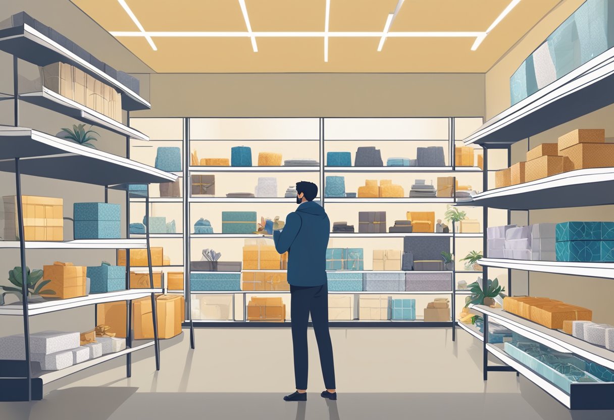 A person carefully choosing corporate gifts from a variety of options displayed on shelves and tables in a well-lit showroom