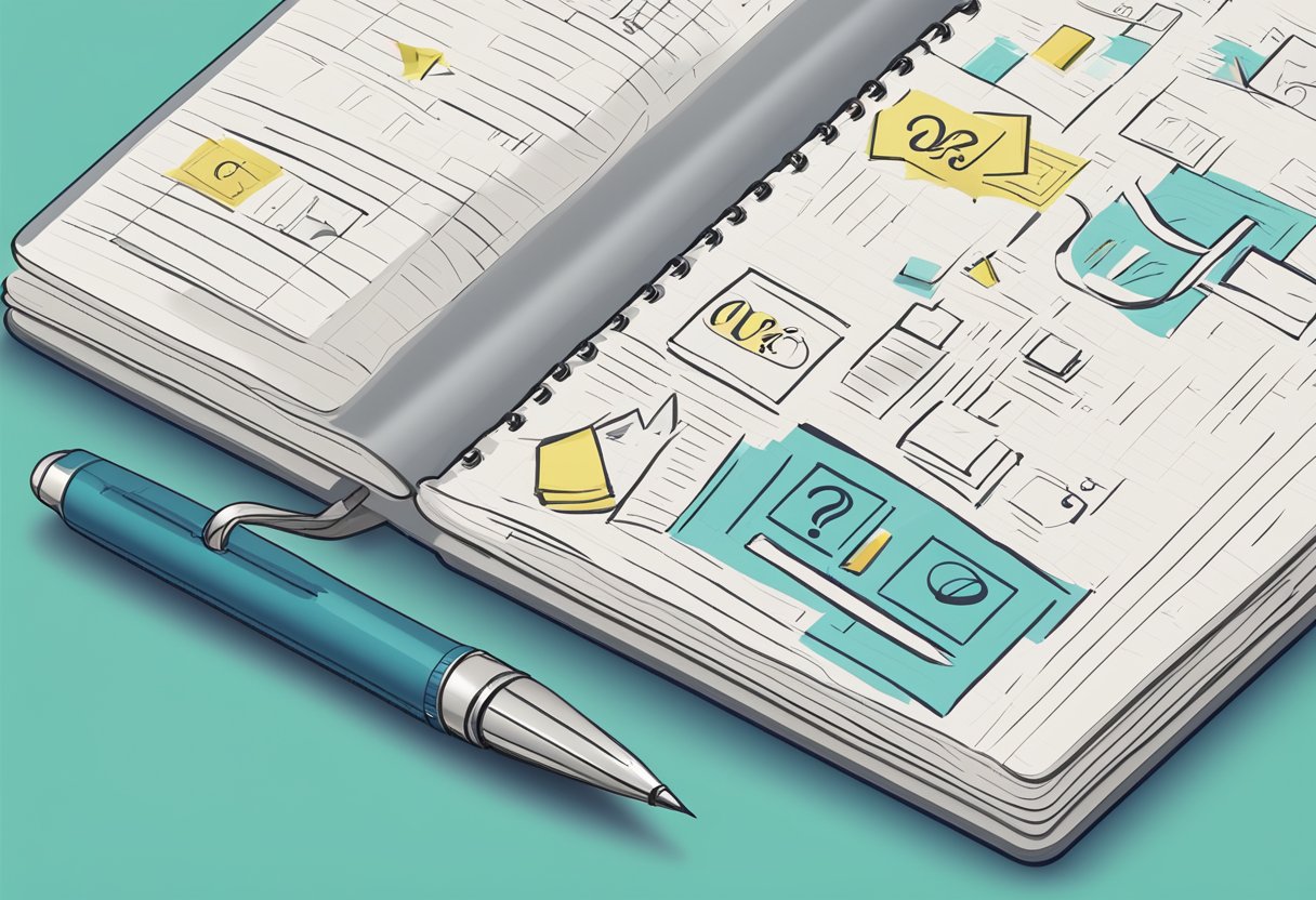 A customizable notebook with "Frequently Asked Questions" printed on the cover, surrounded by question marks and open pages for writing