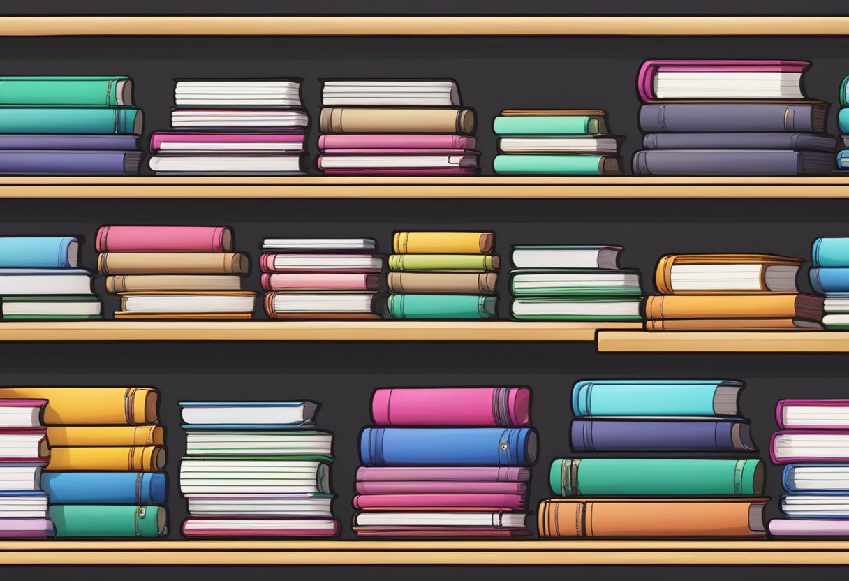 A stack of colorful notebooks arranged neatly on a wooden shelf, with a variety of sizes and designs displayed