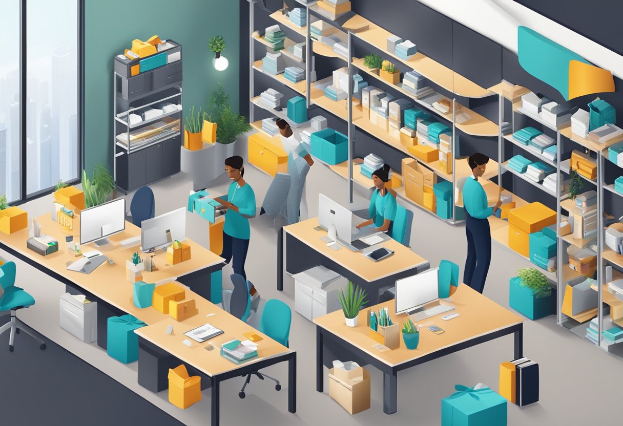 A sleek, modern office space with shelves of personalized gifts and a team of professionals working on customizing and packaging corporate gifts