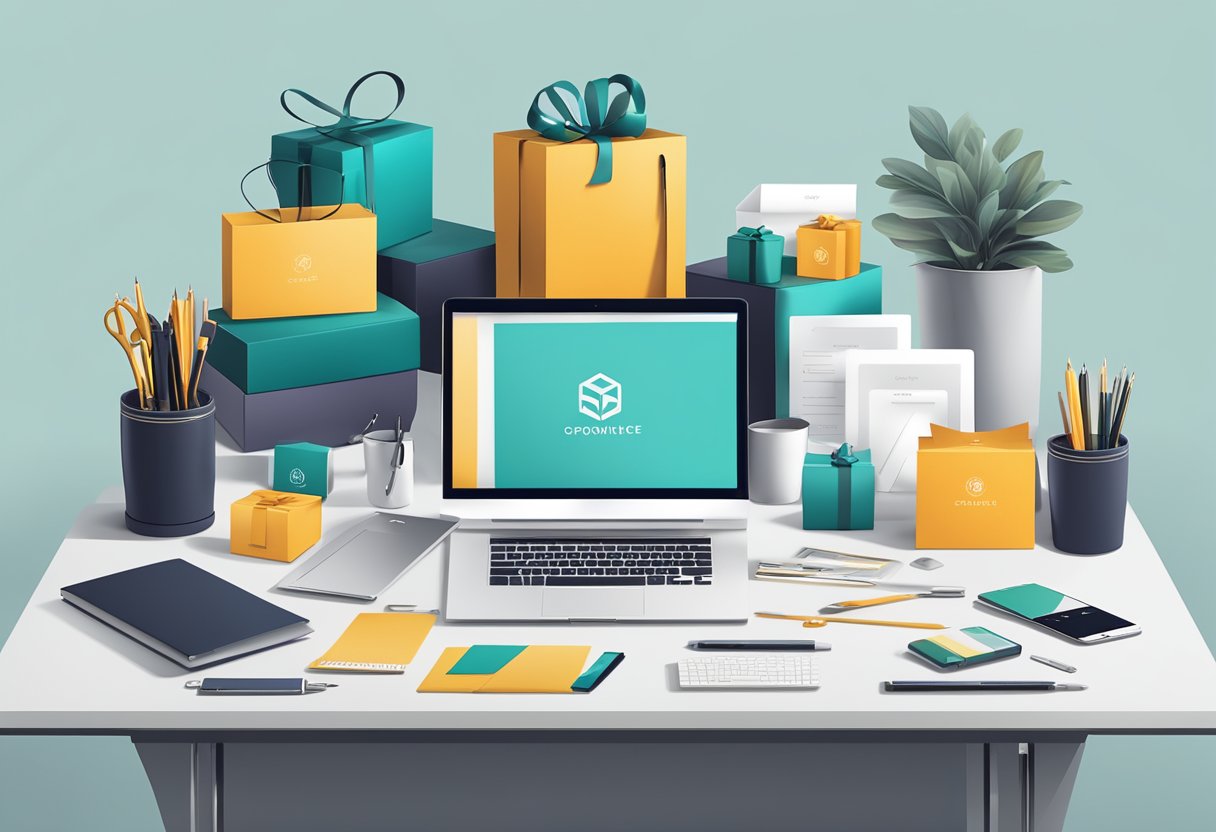 A group of diverse corporate gifts arranged neatly on a sleek, modern desk with the company's tagline prominently displayed in elegant typography