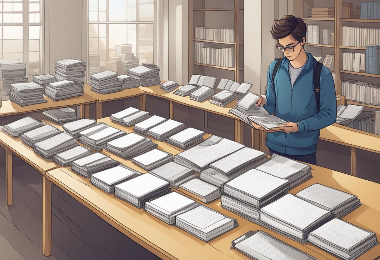 A table with various notebooks displayed, a person comparing different designs and sizes, a sign indicating "Notebook Supplier Selection."