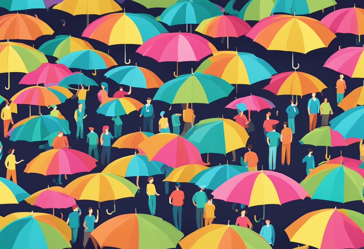 A colorful umbrella with "Frequently Asked Questions" printed on it, surrounded by curious onlookers pointing and gesturing