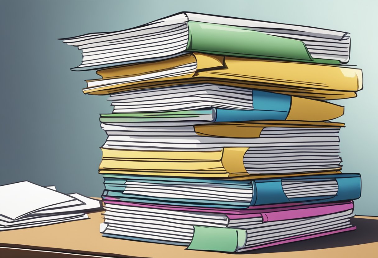 A stack of FAQ papers overwhelms the desk at Simply Hamper Pte Ltd