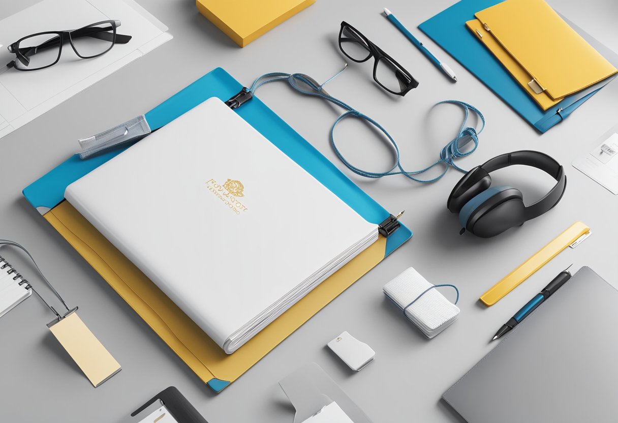 A string-tied plastic folder with customised corporate gift items displayed on a clean, modern desk in a well-lit office setting