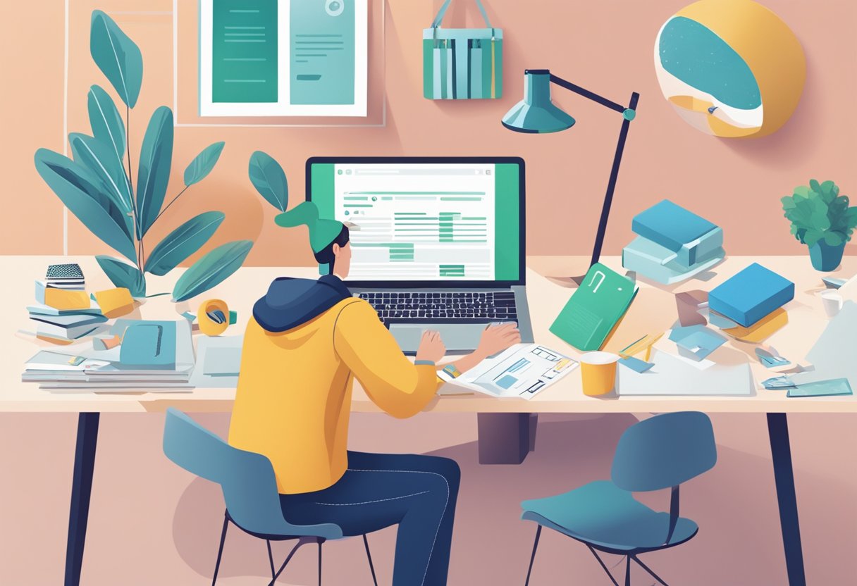 A designer arranging corporate gifts on a table, with a laptop open to a "Frequently Asked Questions" page