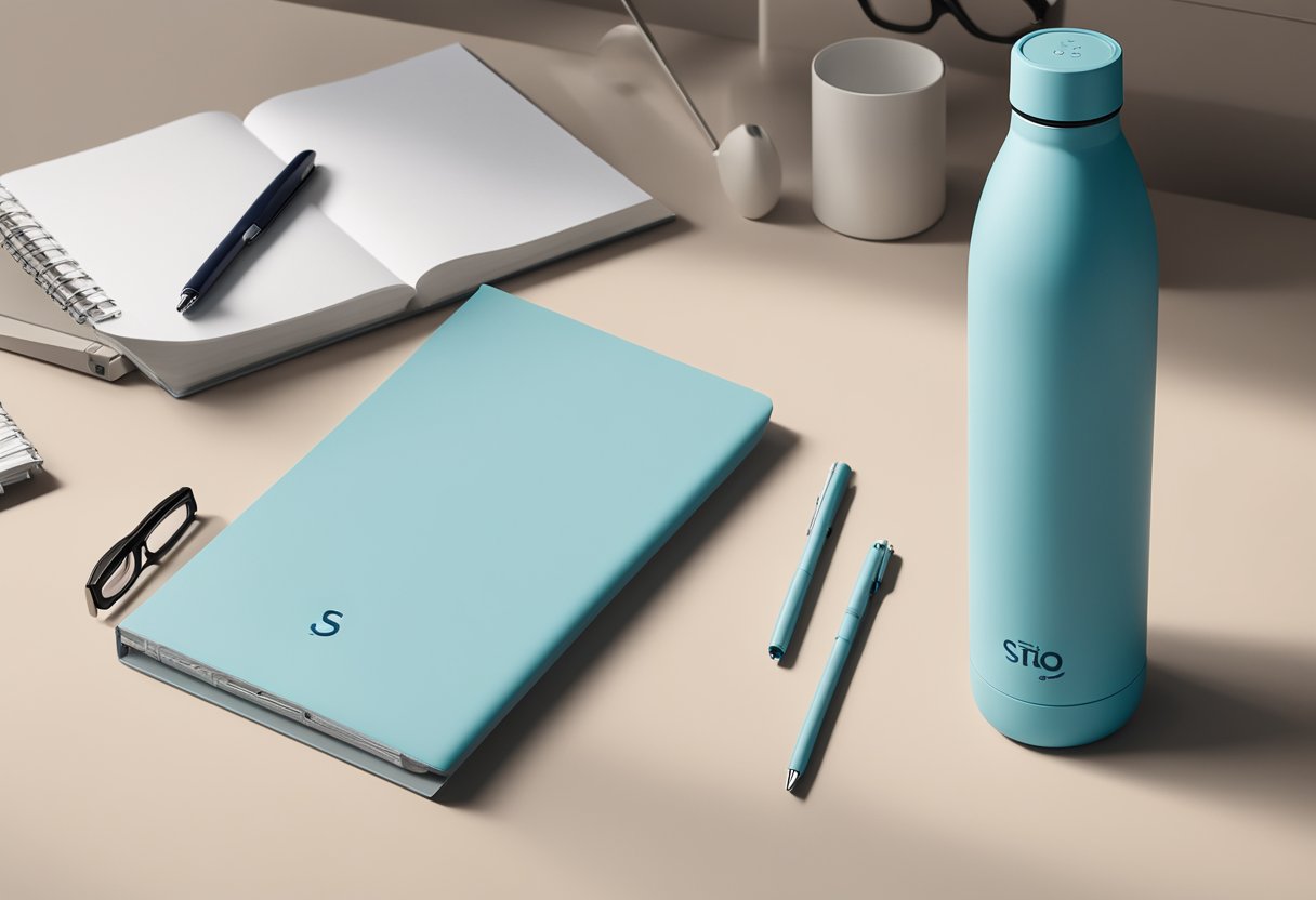 A sleek, modern water bottle with the Stojo S1 logo sits on a desk next to a branded notebook and pen. The corporate gift exudes professionalism and practicality