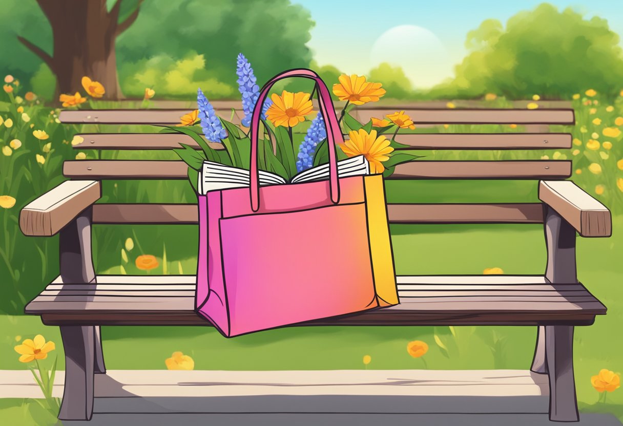 A colorful tote bag sits on a wooden bench in a sunny park. Wildflowers and a book peek out from the open top