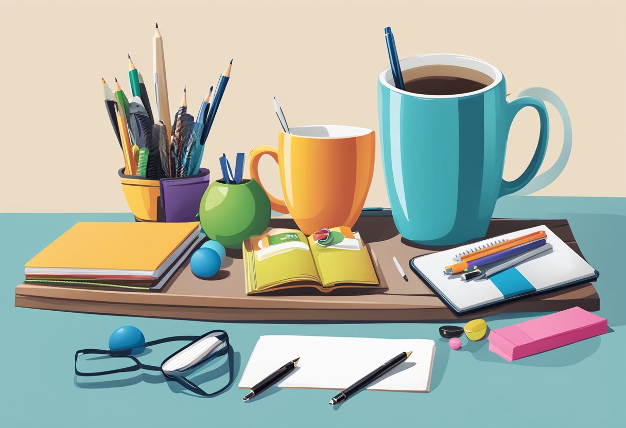 A table with various novelty corporate gift items displayed, including branded mugs, stress balls, and quirky desk accessories