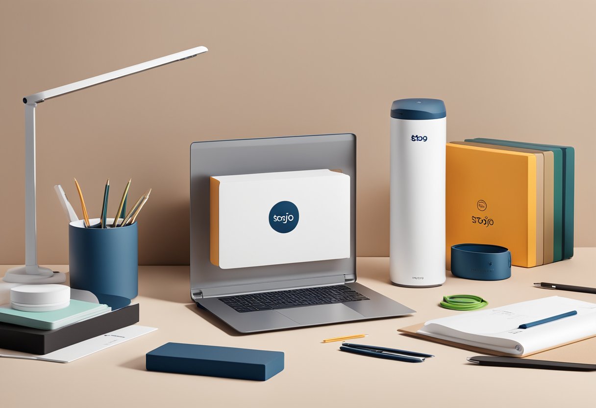 The Stojo S1 corporate gift is displayed on a sleek, modern desk with a branded logo and packaging, surrounded by office supplies and a laptop