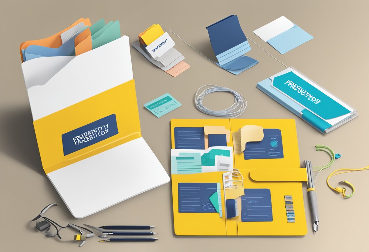 A string-tie plastic folder with "Frequently Asked Questions" printed on it, surrounded by customised corporate gifts