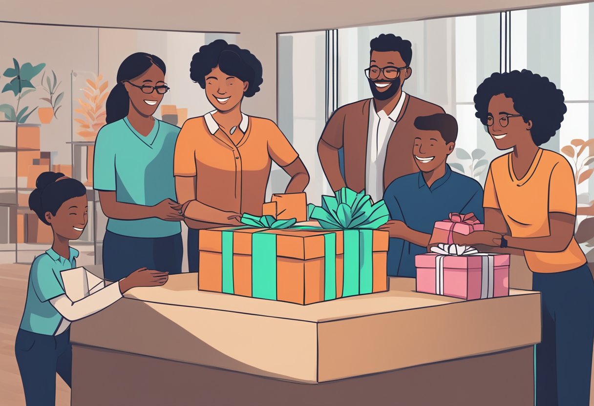 A group of diverse people exchanging beautifully wrapped gifts with the company's tagline prominently displayed. The gifts reflect the company's values and resonate with the audience's expectations