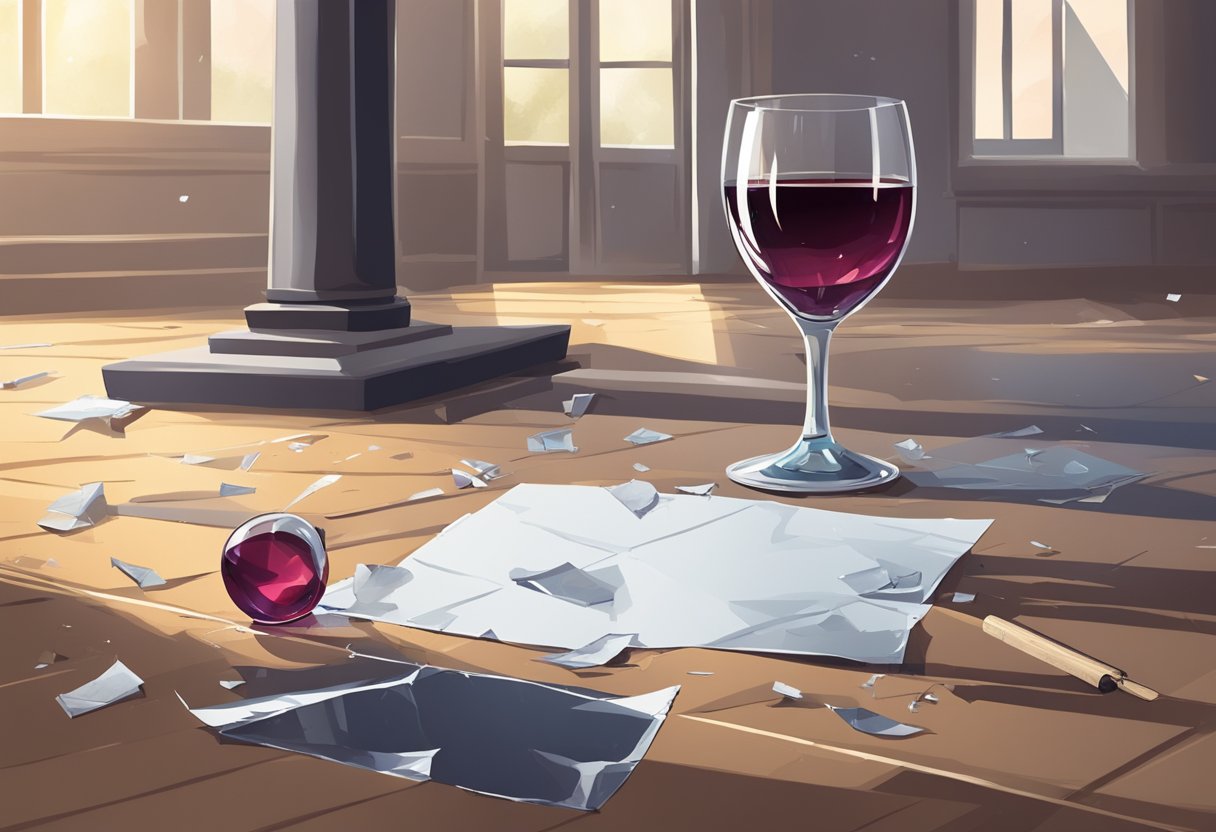 A shattered wine glass on the floor, a broken picture frame, and a tear-stained note on the table