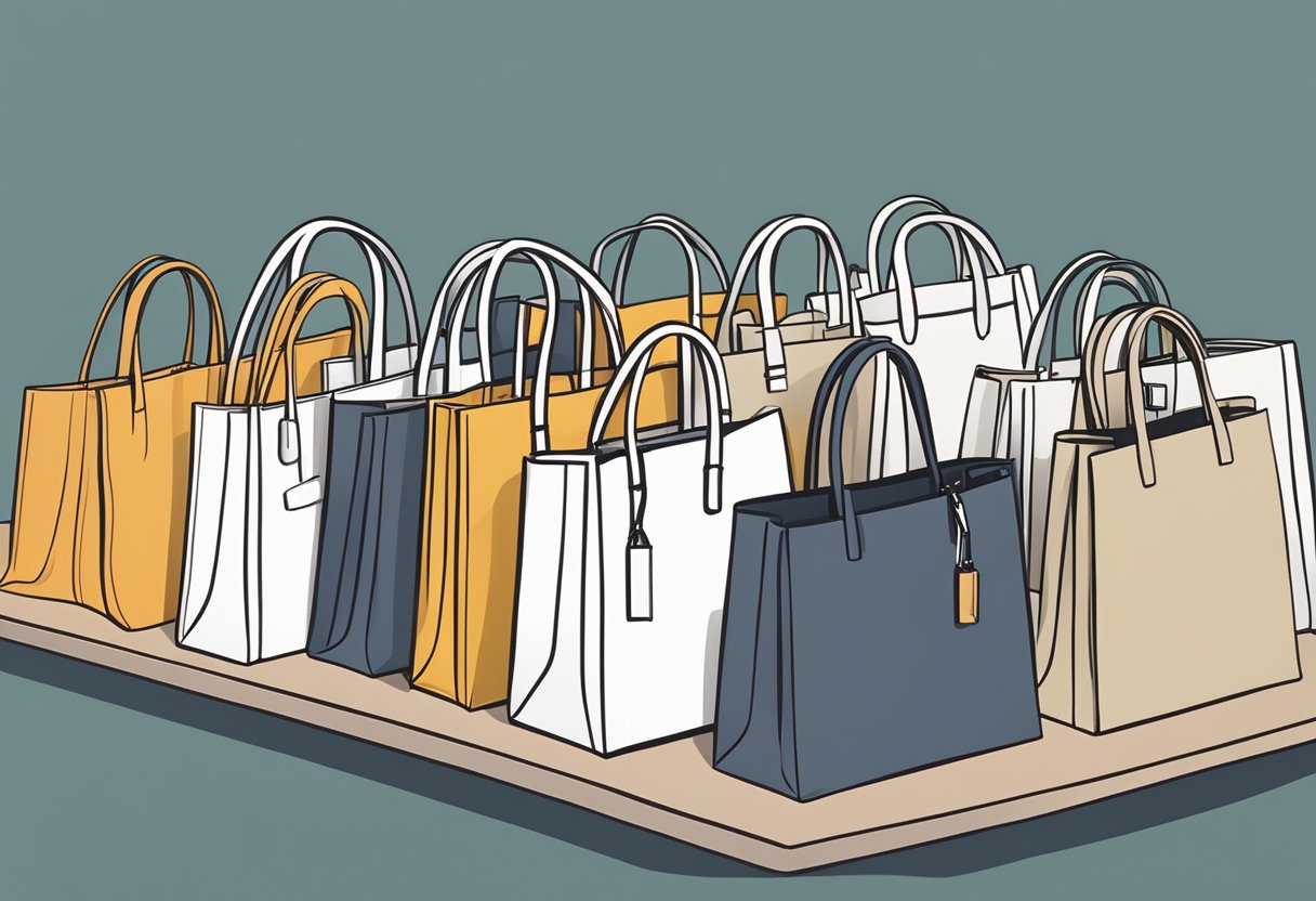 A variety of tote bags in different shapes, sizes, and colors arranged neatly on a display table