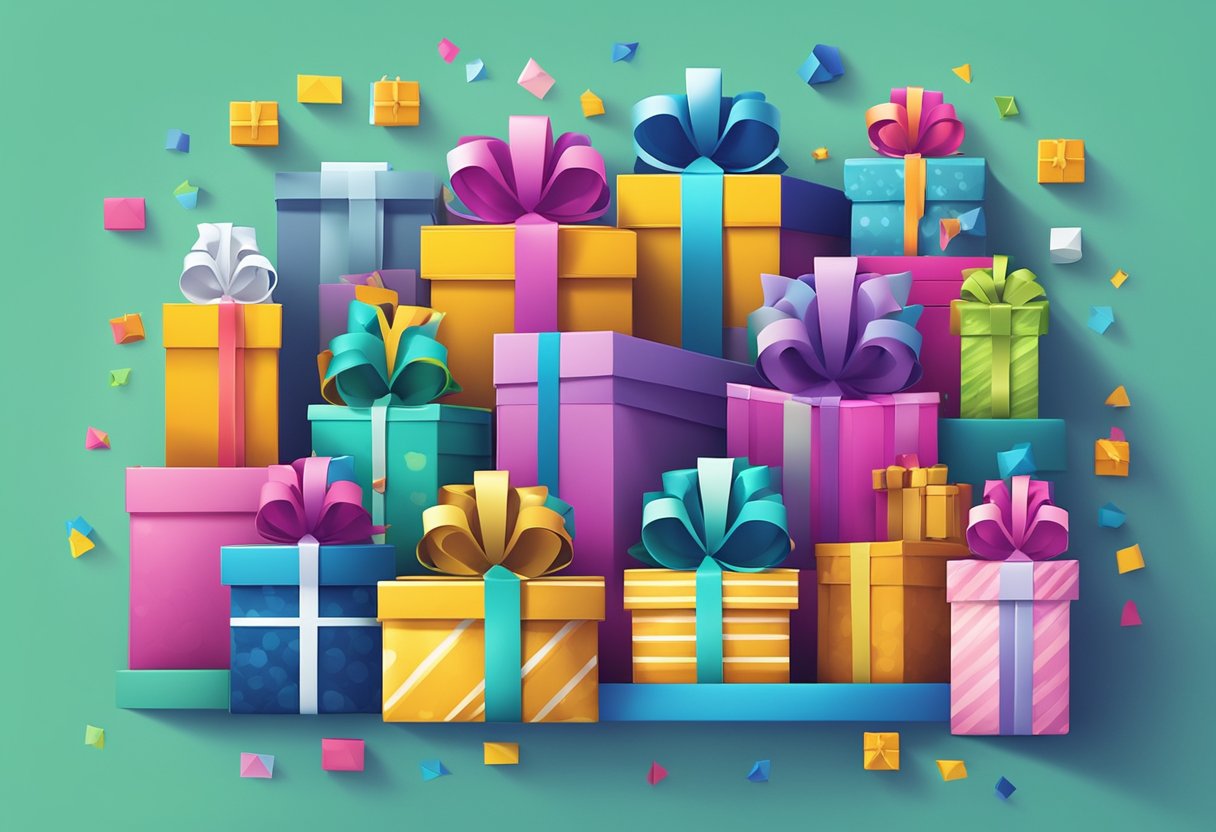 A group of colorful gift boxes arranged neatly with a bold "Frequently Asked Questions" tagline displayed prominently in the center