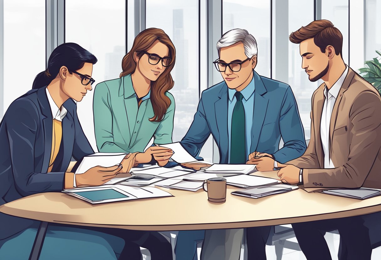 A group of professionals brainstorming unique corporate gift concepts in a modern office setting