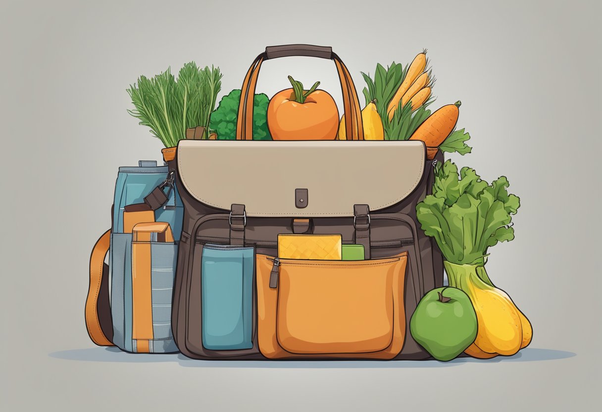 A tote bag hangs from a shoulder, filled with groceries and a laptop. It is sturdy and practical, with multiple pockets and a durable strap