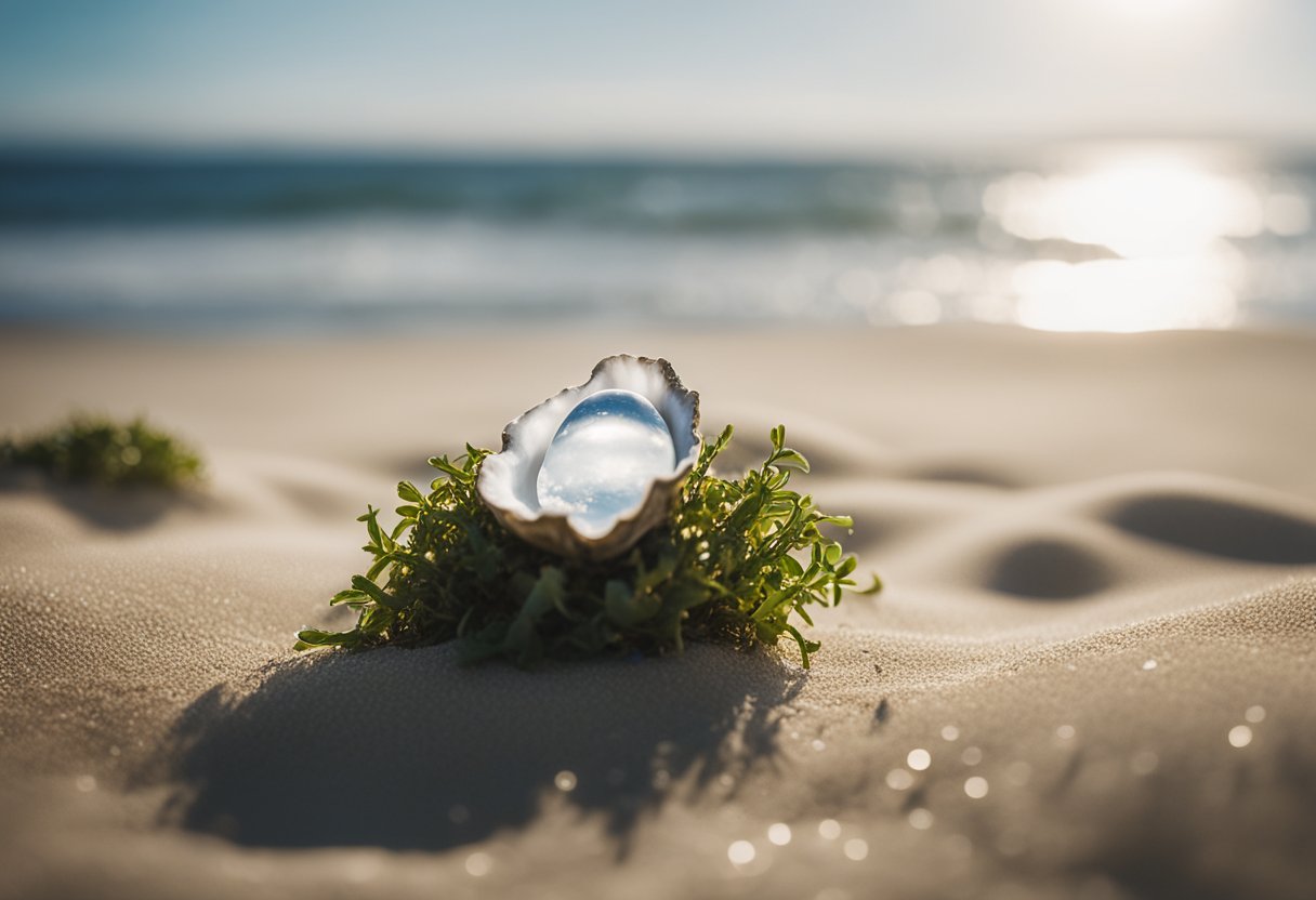 An oyster egg nestled in a bed of sand and seaweed, surrounded by gentle waves and a cloudy sky