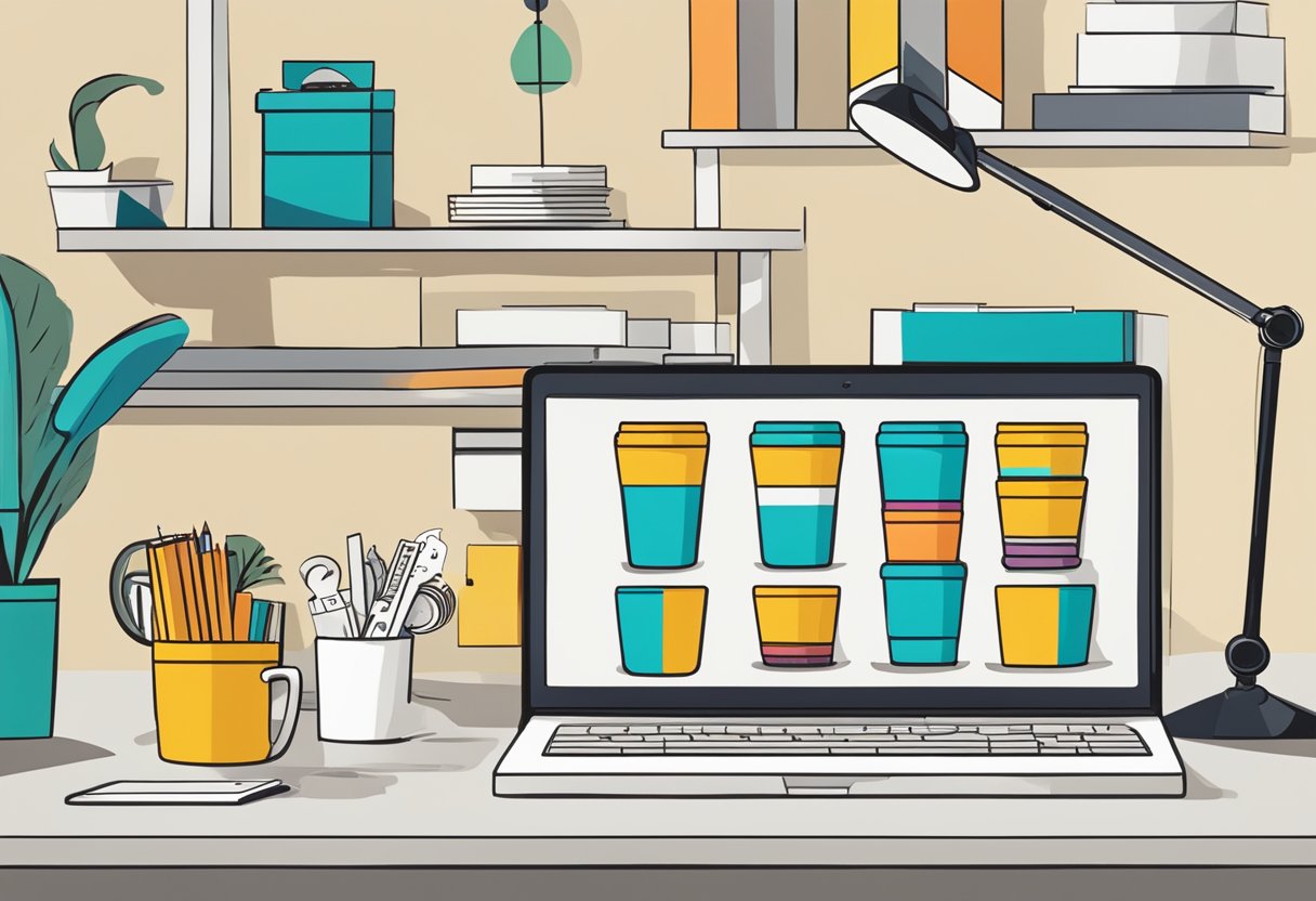 A table with various corporate gifts displayed, including the Stojo S1 cup. A sign reads "Frequently Asked Questions about Stojo S1 corporate gift"