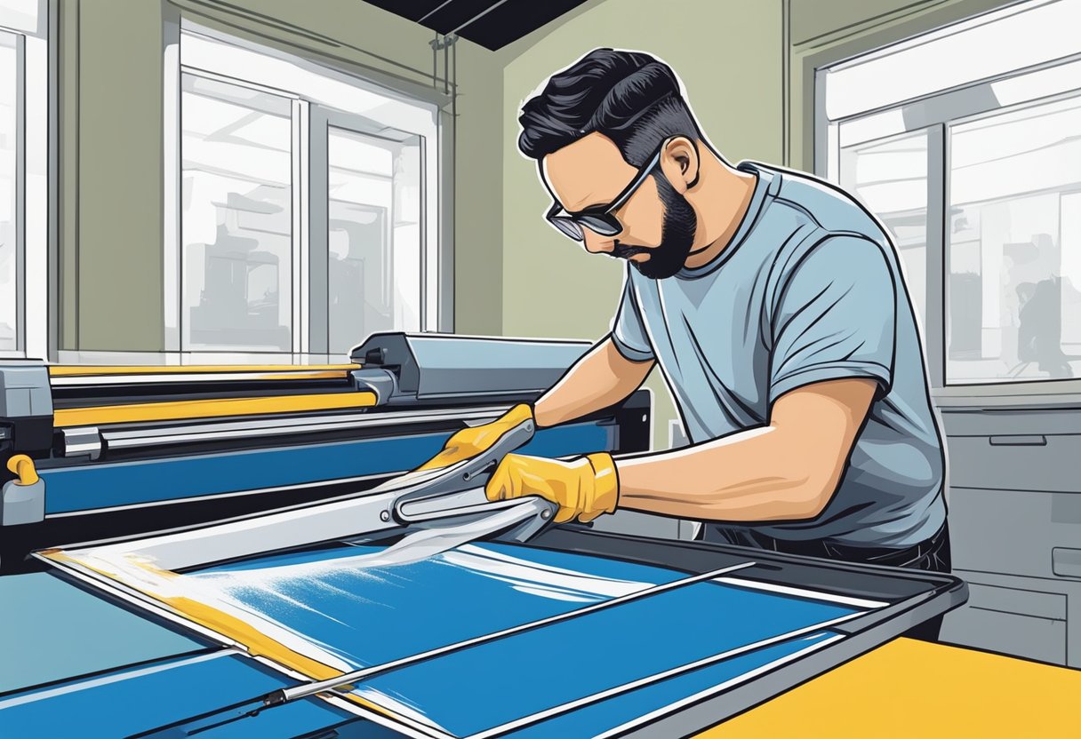 A screen printer pulls a squeegee across a silk screen, transferring ink onto a t-shirt