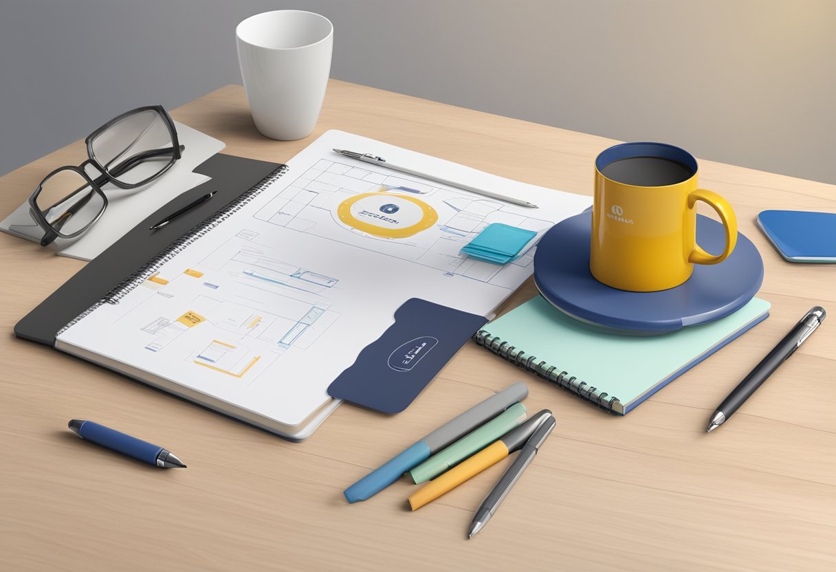 A table with a few branded mugs, notebooks, and pens. A corporate logo is subtly displayed on each item