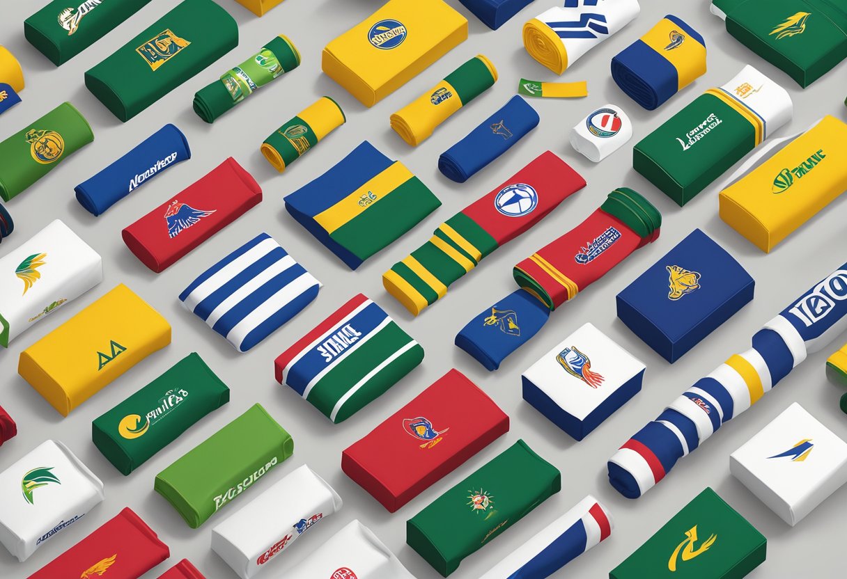 A group of sports bands with corporate logos arranged neatly on a table, ready to be packaged as gifts