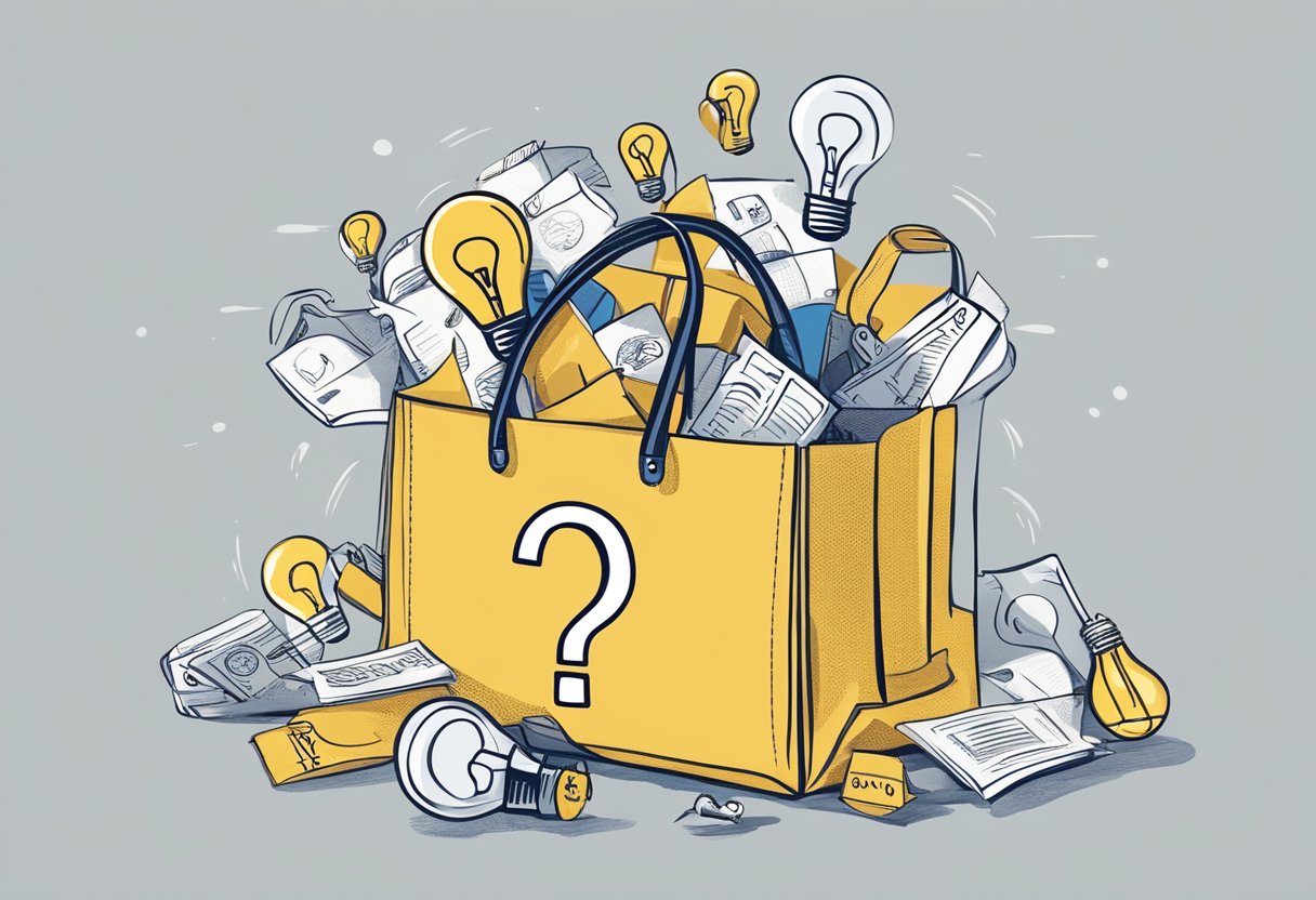 A tote bag with "Frequently Asked Questions" text, surrounded by question marks and a lightbulb, against a white background