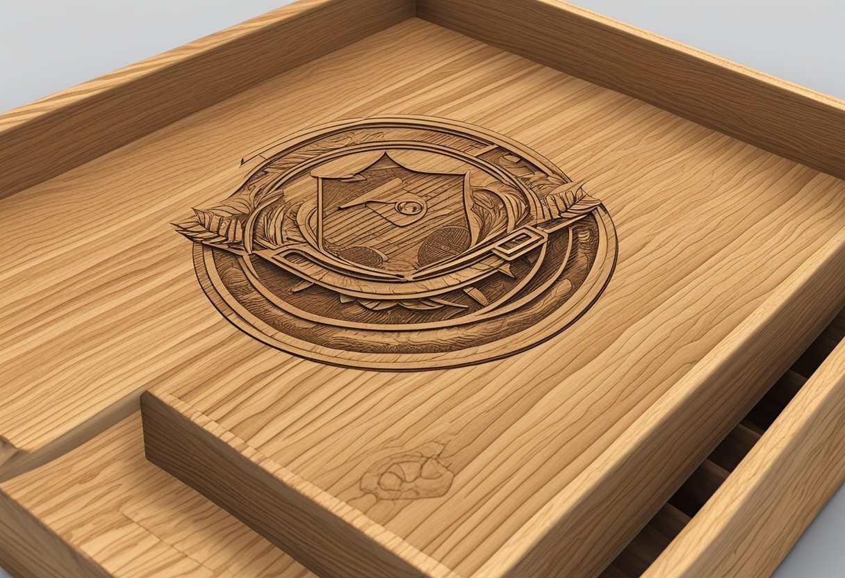 A wooden box with engraved company logo, filled with various items