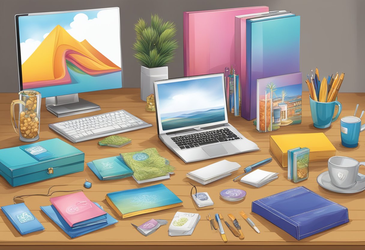 A table displays a variety of unique corporate gifts, including personalized items and novelty ideas