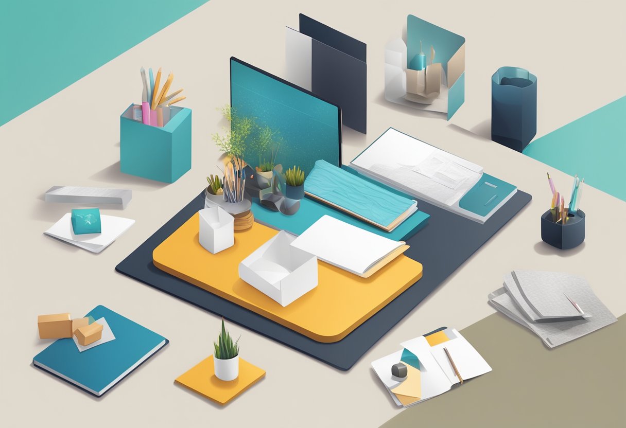 A hand reaching for a single high-quality corporate gift among a selection of small quantity items on a sleek, modern display stand