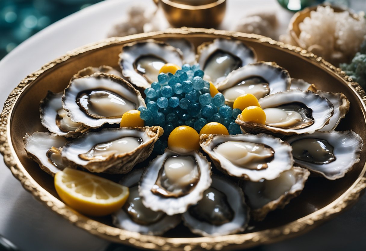 A platter of oyster egg delicacies, glistening in the soft light, surrounded by shells and sea-inspired decor