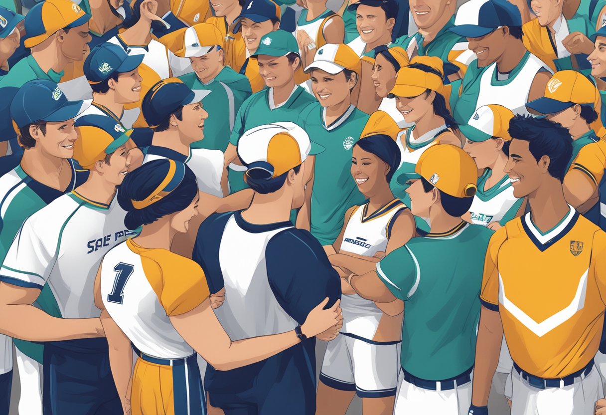 A group of people wearing sports bands with a company logo, exchanging them as corporate gifts at a sporting event
