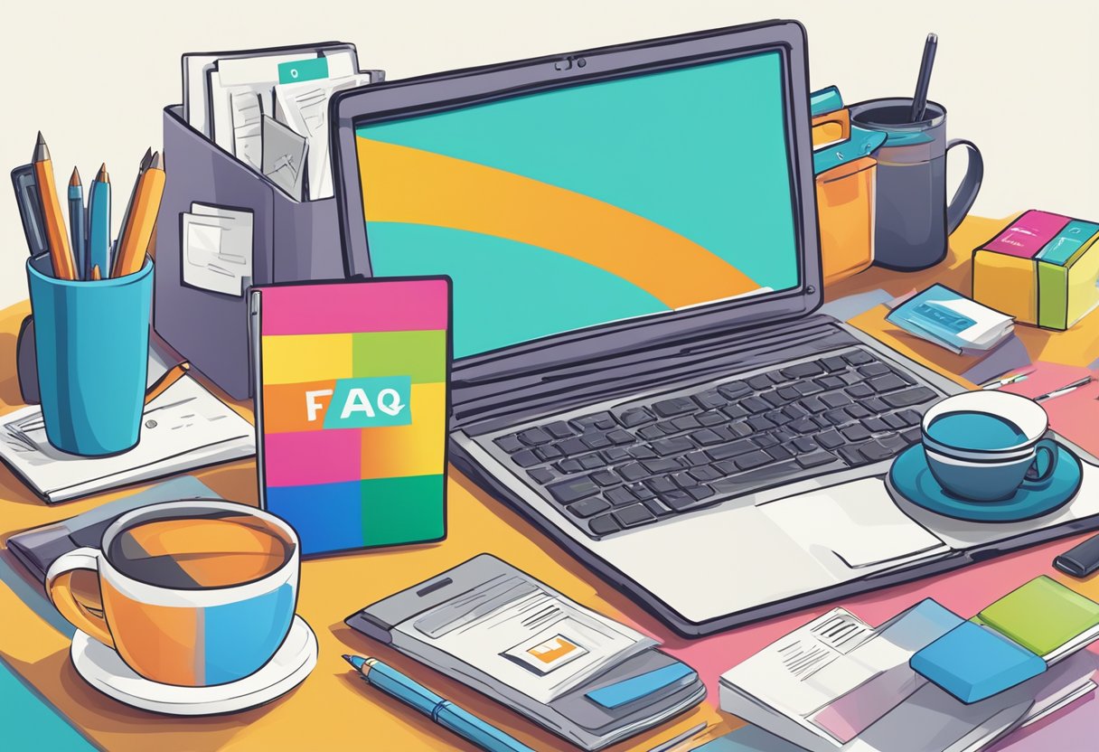 A colorful display of unique corporate gifts with "Frequently Asked Questions" signage. Items include mugs, pens, and tech gadgets