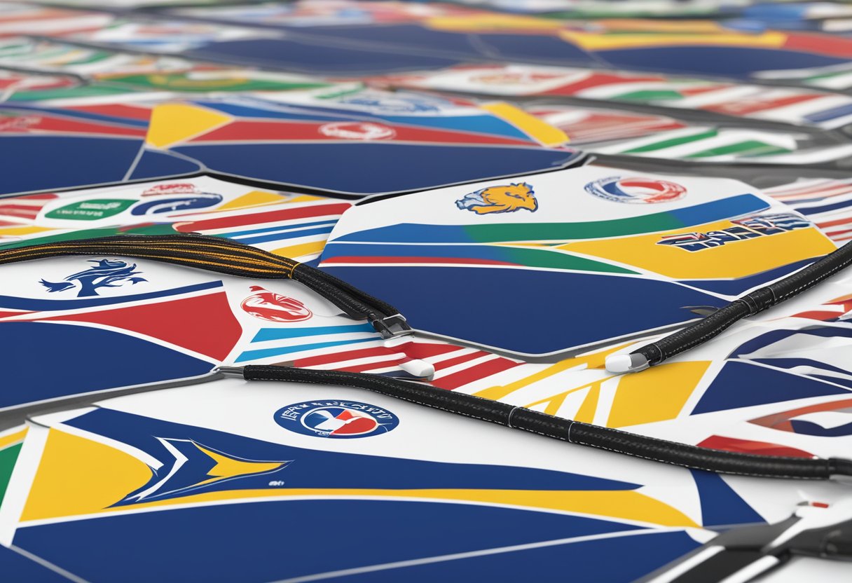 A table with various sports bands laid out, each personalized with a different company logo. The bands are displayed as potential corporate gifts