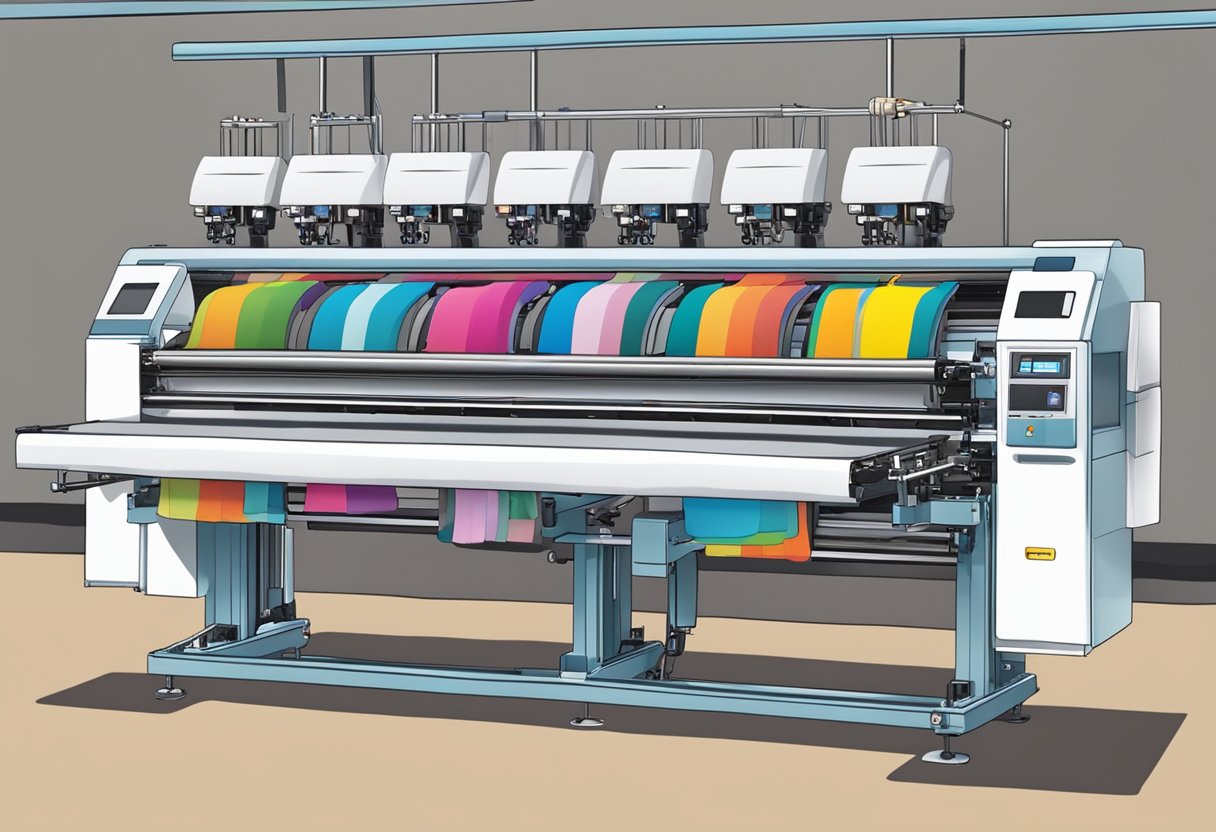A t-shirt printing machine in action, with colorful designs and logos being transferred onto blank shirts