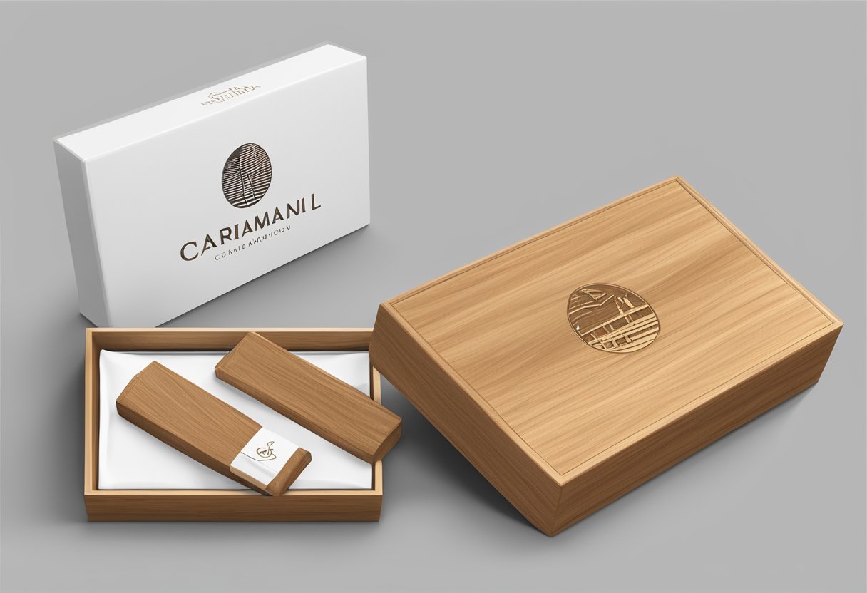 A wooden corporate gift being customized with a company logo and packaged in a sleek box