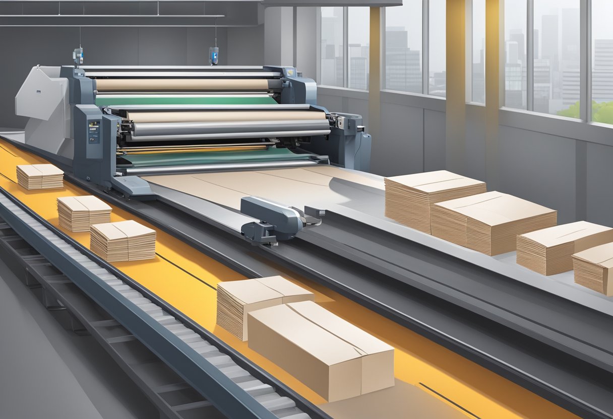 A stack of paper bags on a conveyor belt, with a logo stamping machine in the background