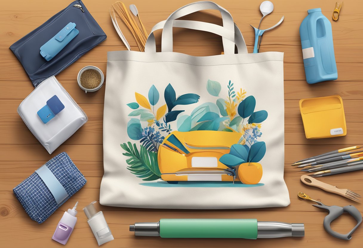 A tote bag made of canvas sits on a wooden table, with a few items spilling out